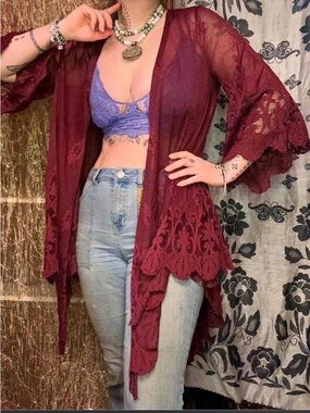 Whimsical Fairycore Unique Lace Kimono Burgundy Lace Kimono Duster